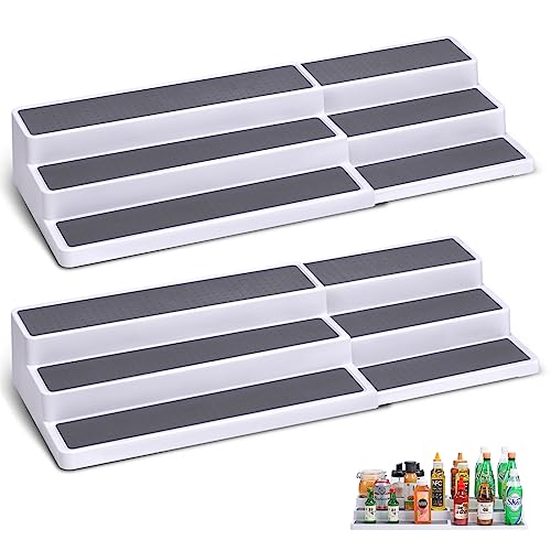 CiWiVOKi 3 Tier Expandable Spice Rack Organizer, White/Grey Plastic Spice Rack, Adjustable Length 14.6In-25.8In, 2 Pack Non-Skid Tiered Spice Shelf Organizer for Kitchen Cabinet, Cupboard, Pantry - My Kitchen Products