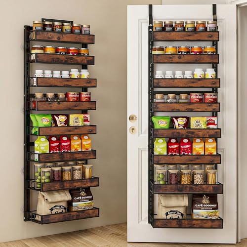 Clothink 8 Tier Over The Door Pantry Orangizer 2 IN 1 Wall Mounted or Hanging Spice Rack with Adjustable Wood Basket,Heavy