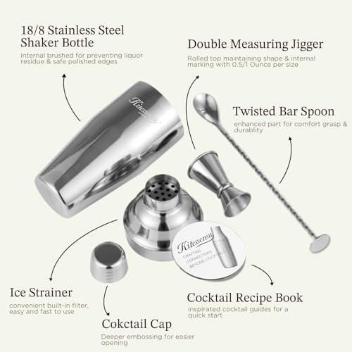 Cocktail Shaker, KITESSENSU 24oz Drink Shaker with Bartender Strainer, Measuring Jigger, Bar Mixing Spoon, Cocktail Recipe Guide, Professional Drink Mixer Set for Beginners, Silver - My Kitchen Products