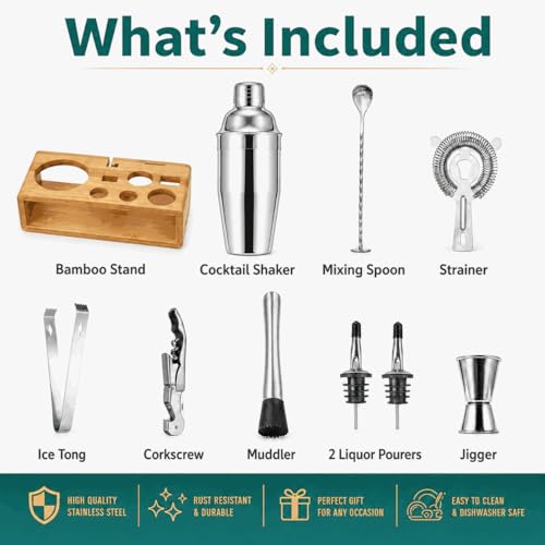 Cocktail Shaker Set, 18/8 Food-Grade Stainless Steel Mixology Bartender Kit 10-Piece Bar Tools with Stylish Bamboo Stand - Rust-Proof & Dishwasher Safe - Professional Martini Shaker Gift for Men, Dad - My Kitchen Products