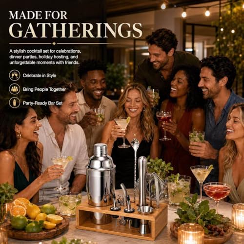 Cocktail Shaker Set, 18/8 Food-Grade Stainless Steel Mixology Bartender Kit 10-Piece Bar Tools with Stylish Bamboo Stand - Rust-Proof & Dishwasher Safe - Professional Martini Shaker Gift for Men, Dad - My Kitchen Products
