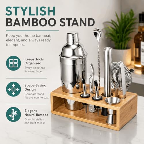 Cocktail Shaker Set, 18/8 Food-Grade Stainless Steel Mixology Bartender Kit 10-Piece Bar Tools with Stylish Bamboo Stand - Rust-Proof & Dishwasher Safe - Professional Martini Shaker Gift for Men, Dad - My Kitchen Products