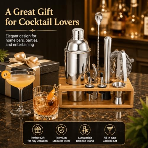 Cocktail Shaker Set, 18/8 Food-Grade Stainless Steel Mixology Bartender Kit 10-Piece Bar Tools with Stylish Bamboo Stand - Rust-Proof & Dishwasher Safe - Professional Martini Shaker Gift for Men, Dad - My Kitchen Products