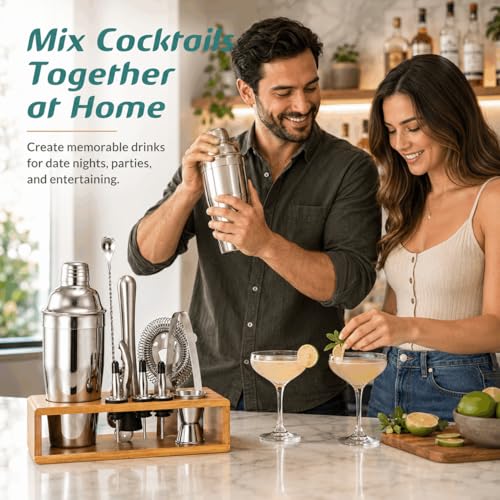Cocktail Shaker Set, 18/8 Food-Grade Stainless Steel Mixology Bartender Kit 10-Piece Bar Tools with Stylish Bamboo Stand - Rust-Proof & Dishwasher Safe - Professional Martini Shaker Gift for Men, Dad - My Kitchen Products