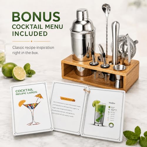 Cocktail Shaker Set, 18/8 Food-Grade Stainless Steel Mixology Bartender Kit 10-Piece Bar Tools with Stylish Bamboo Stand - Rust-Proof & Dishwasher Safe - Professional Martini Shaker Gift for Men, Dad - My Kitchen Products