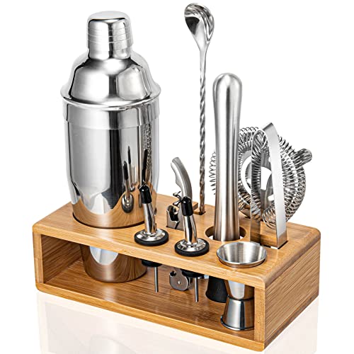 Cocktail Shaker Set, 18/8 Food-Grade Stainless Steel Mixology Bartender Kit 10-Piece Bar Tools with Stylish Bamboo