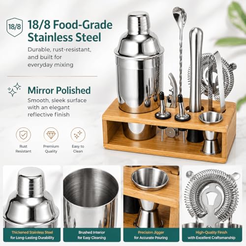 Cocktail Shaker Set, 18/8 Food-Grade Stainless Steel Mixology Bartender Kit 10-Piece Bar Tools with Stylish Bamboo Stand - Rust-Proof & Dishwasher Safe - Professional Martini Shaker Gift for Men, Dad - My Kitchen Products