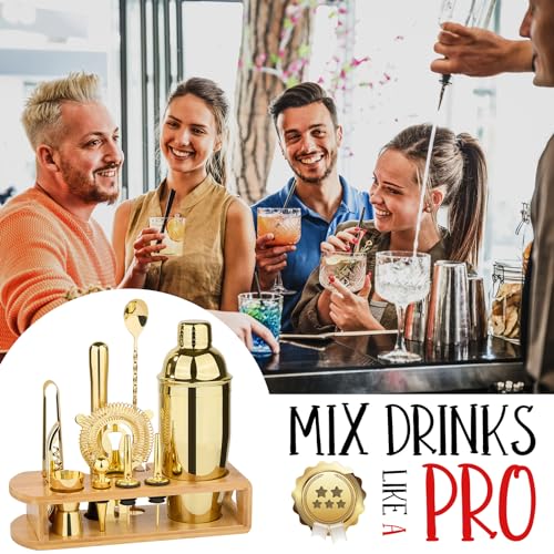Cocktail Shaker Set Bartender Kit : 12-Piece Bar Tool Set with Bamboo Stand | Bars Set with All Practical Bar Accessories, for Drink Mixing, Bar, Home, Lounge & Party (Gold) - My Kitchen Products