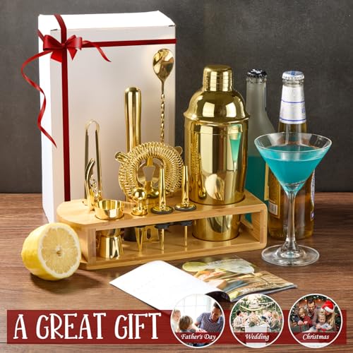 Cocktail Shaker Set Bartender Kit : 12-Piece Bar Tool Set with Bamboo Stand | Bars Set with All Practical Bar Accessories, for Drink Mixing, Bar, Home, Lounge & Party (Gold) - My Kitchen Products