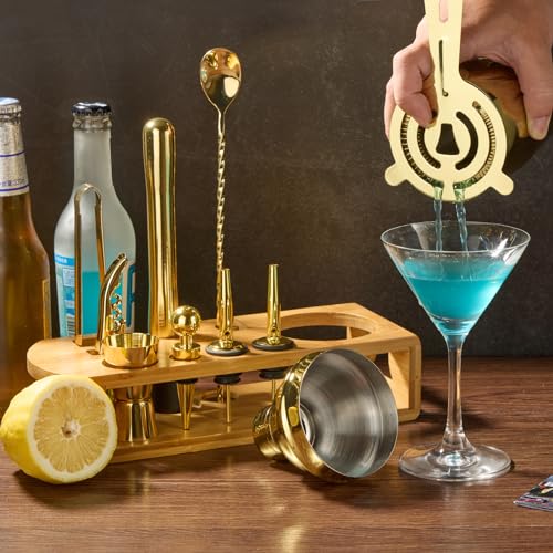 Cocktail Shaker Set Bartender Kit : 12-Piece Bar Tool Set with Bamboo Stand | Bars Set with All Practical Bar Accessories, for Drink Mixing, Bar, Home, Lounge & Party (Gold) - My Kitchen Products