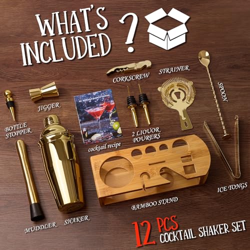 Cocktail Shaker Set Bartender Kit : 12-Piece Bar Tool Set with Bamboo Stand | Bars Set with All Practical Bar Accessories, for Drink Mixing, Bar, Home, Lounge & Party (Gold) - My Kitchen Products