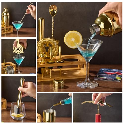 Cocktail Shaker Set Bartender Kit : 12-Piece Bar Tool Set with Bamboo Stand | Bars Set with All Practical Bar Accessories, for Drink Mixing, Bar, Home, Lounge & Party (Gold) - My Kitchen Products