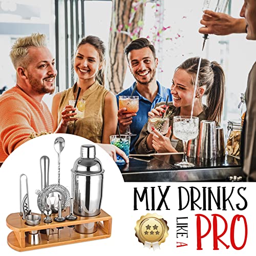 Cocktail Shaker Set Bartender Kit : 12-Piece Bar Tool Set with Bamboo Stand | Bars Set with All Practical Bar Accessories, for Drink Mixing, Bar, Home, Lounge & Party (Silver) - My Kitchen Products