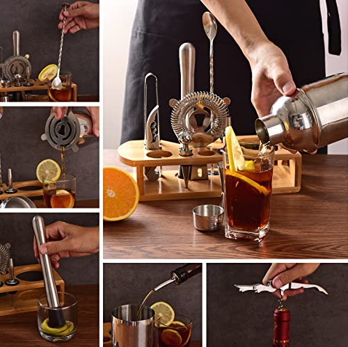 Cocktail Shaker Set Bartender Kit : 12-Piece Bar Tool Set with Bamboo Stand | Bars Set with All Practical Bar Accessories, for Drink Mixing, Bar, Home, Lounge & Party (Silver) - My Kitchen Products