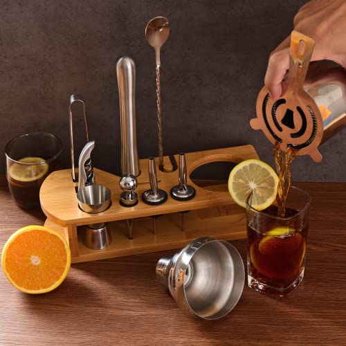 Cocktail Shaker Set Bartender Kit : 12-Piece Bar Tool Set with Bamboo Stand | Bars Set with All Practical Bar Accessories, for Drink Mixing, Bar, Home, Lounge & Party (Silver) - My Kitchen Products