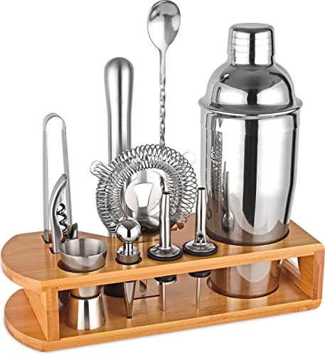 Cocktail Shaker Set Bartender Kit : 12-Piece Bar Tool Set with Bamboo Stand, Bars Set with All Practical Bar Accessories