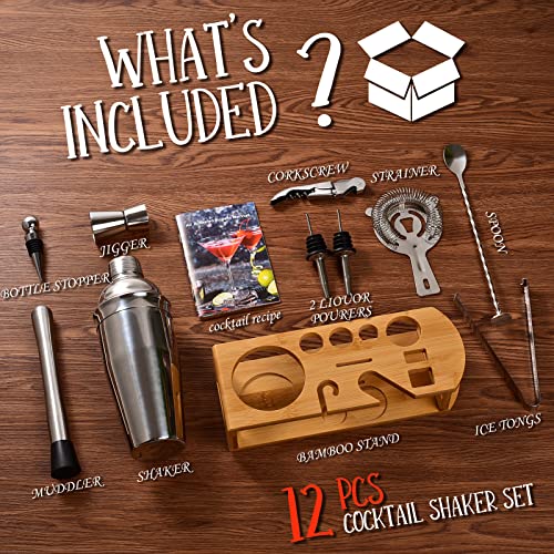 Cocktail Shaker Set Bartender Kit : 12-Piece Bar Tool Set with Bamboo Stand | Bars Set with All Practical Bar Accessories, for Drink Mixing, Bar, Home, Lounge & Party (Silver) - My Kitchen Products