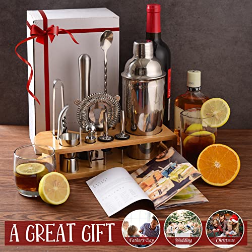 Cocktail Shaker Set Bartender Kit : 12-Piece Bar Tool Set with Bamboo Stand | Bars Set with All Practical Bar Accessories, for Drink Mixing, Bar, Home, Lounge & Party (Silver) - My Kitchen Products
