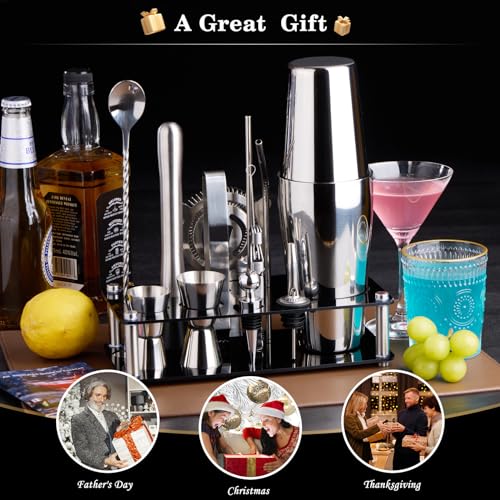 Cocktail Shaker Set Bartender Kit : 15-Piece Bar Tool Set with Acrylic Stand Bars Set with All Practical Bar Accessories, for Drink Mixing, Bar, Home, Lounge & Party, Silver - My Kitchen Products