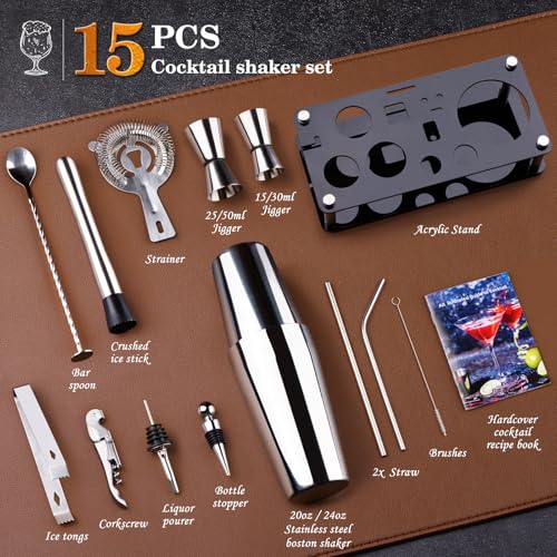 Cocktail Shaker Set Bartender Kit : 15-Piece Bar Tool Set with Acrylic Stand Bars Set with All Practical Bar Accessories, for Drink Mixing, Bar, Home, Lounge & Party, Silver - My Kitchen Products