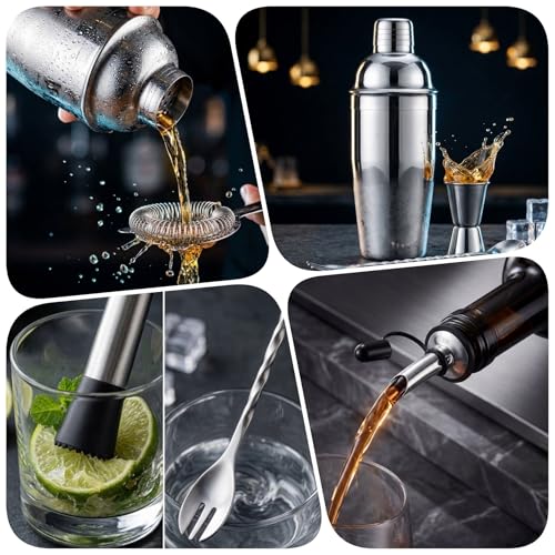 Cocktail Shaker Set Bartender Kit,Professional Bar Set, Martini Shaker, Jigger, Strainer, Mixer Spoon, Muddler, Liquor Pourers Ideal Bar Accessories for Home, Gift for Christmas, Birthday, Beginners - My Kitchen Products