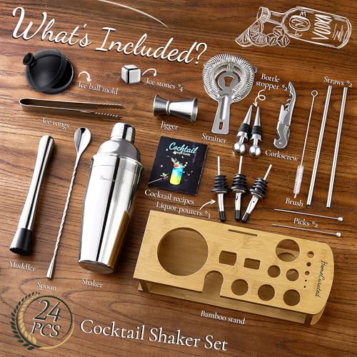 Cocktail Shaker Set,24-Piece Bartender Kit – Complete Bartending Kit Bar Set with Stand,Drink Shaker & Mixer – Perfect Bar Accessories for Home Bar Set,Housewarming Gifts for Men & Women,Silver - My Kitchen Products