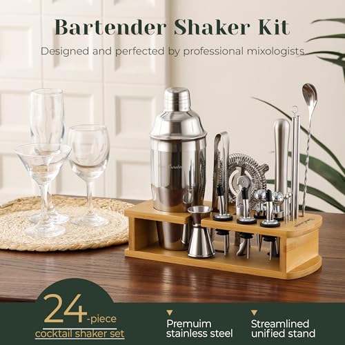 Cocktail Shaker Set,24-Piece Bartender Kit – Complete Bartending Kit Bar Set with Stand,Drink Shaker & Mixer – Perfect Bar Accessories for Home Bar Set,Housewarming Gifts for Men & Women,Silver - My Kitchen Products