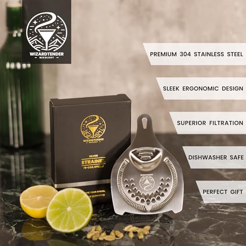 Cocktail Strainer for Drinks | Stainless Steel Bar tools | Ergonomic Hawthorne Strainer for Cocktail Shaker with High-Dense Spring | Silver Bar Strainers | Wizardtender - My Kitchen Products