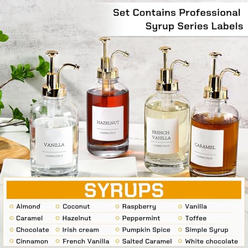 Coffee Bar Accessories,Coffee Syrup Dispenser with Labels for Coffee Bar,Pack of 4,Total 67.6 oz (Gold Pump) - My Kitchen Products