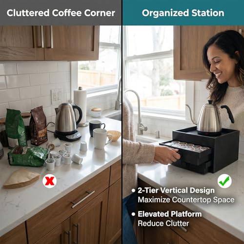 Coffee Brewer Organizer for Intasting Electric Kettle,Two-tier design with elevated kettle platform and pull-out Two-tier storage drawer，Elevated Pour Over Coffee Maker Holder for Beans, Tea & Accessories - My Kitchen Products