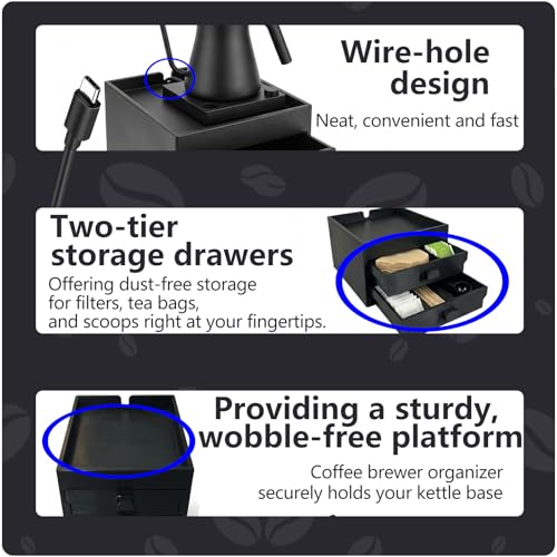 Coffee Brewer Organizer for Intasting Electric Kettle,Two-tier design with elevated kettle platform and pull-out Two-tier storage drawer，Elevated Pour Over Coffee Maker Holder for Beans, Tea & Accessories - My Kitchen Products