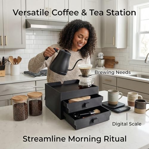 Coffee Brewer Organizer for Intasting Electric Kettle,Two-tier design with elevated kettle platform and pull-out Two-tier storage drawer，Elevated Pour Over Coffee Maker Holder for Beans, Tea & Accessories - My Kitchen Products