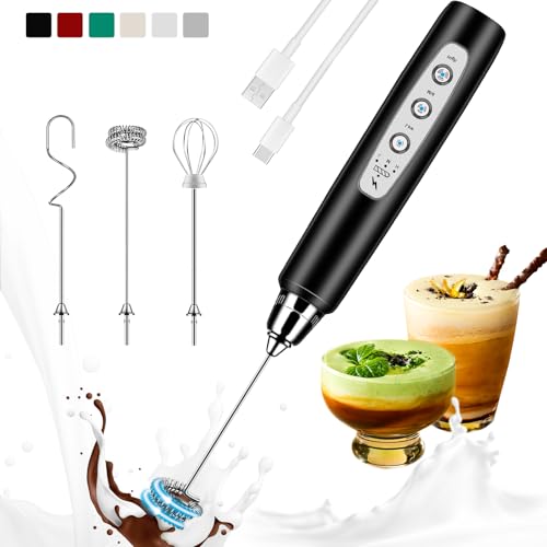 Colarlemo Milk Frother Handheld Rechargeable, Frother Wand Drink Mixer Electric Whisk for Coffee, Detachable With 3 Stainless Whisks, Hand Mixer for Lattes, Cappuccino, Matcha, Egg, No Stand,Black - My Kitchen Products