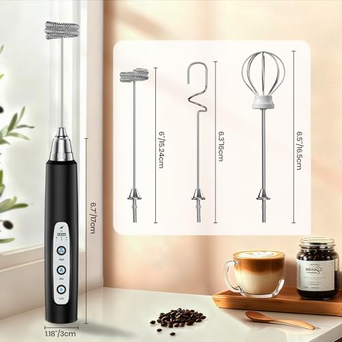 Colarlemo Milk Frother Handheld Rechargeable, Frother Wand Drink Mixer Electric Whisk for Coffee, Detachable With 3 Stainless Whisks, Hand Mixer for Lattes, Cappuccino, Matcha, Egg, No Stand,Black - My Kitchen Products