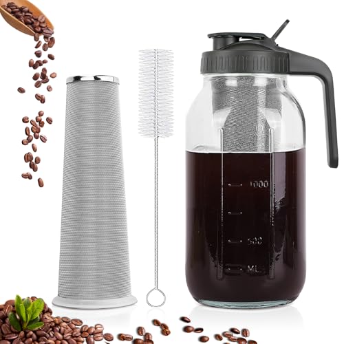 Cold Brew Coffee Maker,64 oz Mason Jar Pitcher with Stainless Steel Filter, Pour Spout Handle Lid, Heavy Duty Glass Airtight & Leak-Proof for Iced Coffee,Tea & Lemonade - My Kitchen Products