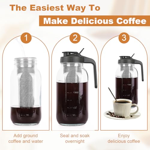 Cold Brew Coffee Maker,64 oz Mason Jar Pitcher with Stainless Steel Filter, Pour Spout Handle Lid, Heavy Duty Glass Airtight & Leak-Proof for Iced Coffee,Tea & Lemonade - My Kitchen Products