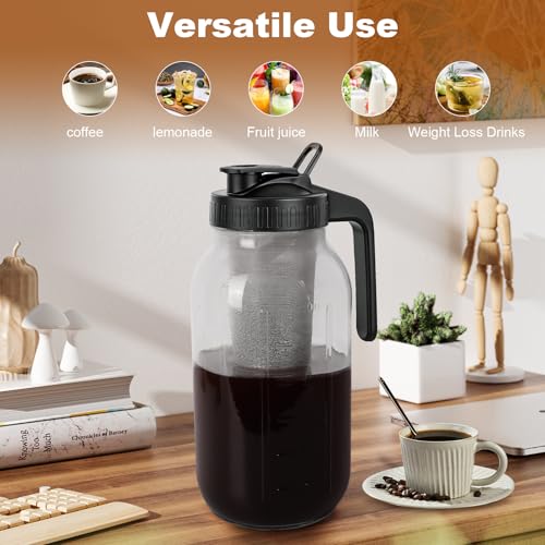 Cold Brew Coffee Maker,64 oz Mason Jar Pitcher with Stainless Steel Filter, Pour Spout Handle Lid, Heavy Duty Glass Airtight & Leak-Proof for Iced Coffee,Tea & Lemonade - My Kitchen Products