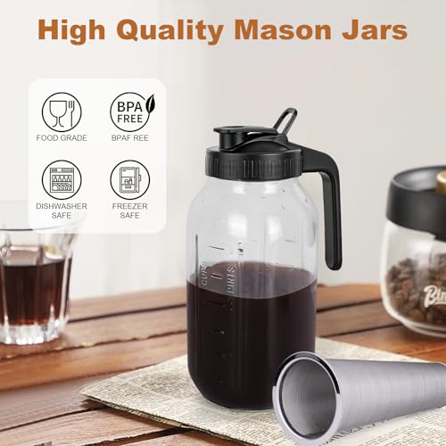Cold Brew Coffee Maker,64 oz Mason Jar Pitcher with Stainless Steel Filter, Pour Spout Handle Lid, Heavy Duty Glass Airtight & Leak-Proof for Iced Coffee,Tea & Lemonade - My Kitchen Products
