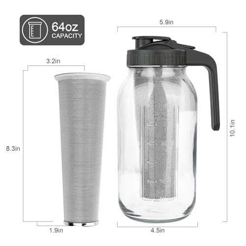 Cold Brew Coffee Maker,64 oz Mason Jar Pitcher with Stainless Steel Filter, Pour Spout Handle Lid, Heavy Duty Glass Airtight & Leak-Proof for Iced Coffee,Tea & Lemonade - My Kitchen Products