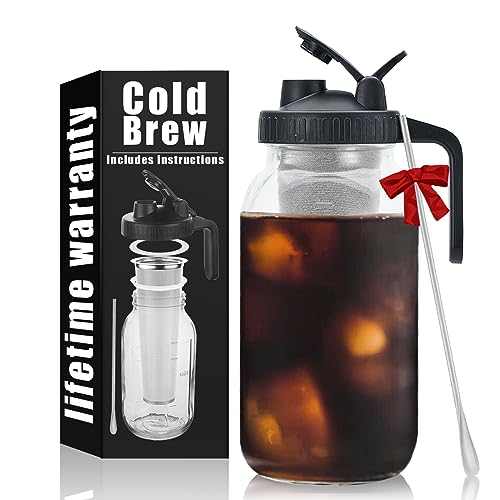 Cold Brew Mason Coffee Maker - 64oz Iced Coffee Pitcher with Stainless Steel Mixing Spoon & Super Dense Filter 3 Steps Finish Cold Brew Coffee, Classic BPA Free Sturdy Mason jar Pitcher Easy to Clean - My Kitchen Products