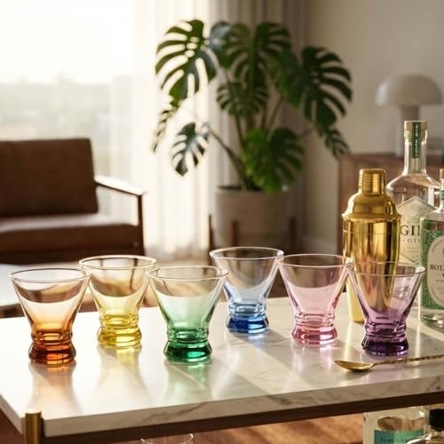 ColoVie Martini Glasses Set of 6 - Cocktail Glasses - 8oz Stemless Margarita, Bar, Dessert Glass - Colored Liquor Drinking Glassware - Cosmo, Manhattan, Espresso Martini - Cocktail Party Gift for Her - My Kitchen Products