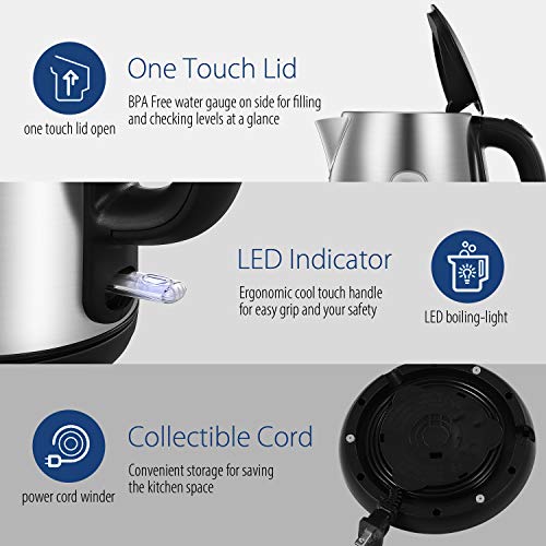 COMFEE' Stainless Steel Electric Kettle, 1.7 Liter Tea Kettle Electric & Hot Water Kettle, 1500W Fast Boil with LED Light, Auto Shut-Off and Boil-Dry Protection - My Kitchen Products