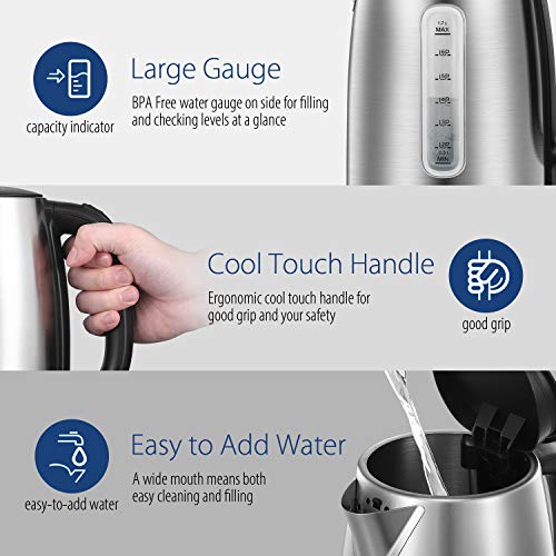 COMFEE' Stainless Steel Electric Kettle, 1.7 Liter Tea Kettle Electric & Hot Water Kettle, 1500W Fast Boil with LED Light, Auto Shut-Off and Boil-Dry Protection - My Kitchen Products