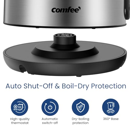 COMFEE' Stainless Steel Electric Kettle, 1.7 Liter Tea Kettle Electric & Hot Water Kettle, 1500W Fast Boil with LED Light, Auto Shut-Off and Boil-Dry Protection - My Kitchen Products