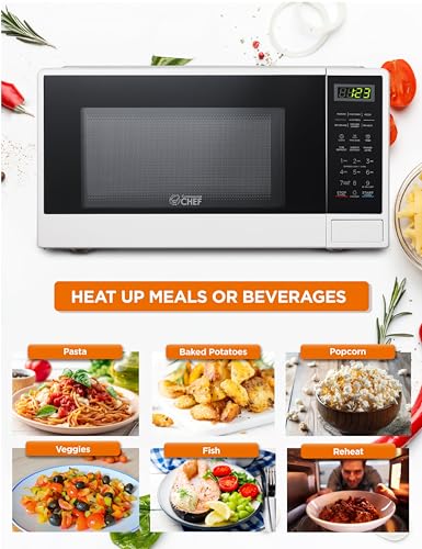 Commercial Chef 1.1 Cu. Ft. Countertop Microwave Oven, Touch Controls with Digital LED Display, 1100W Microwave, Push Button Door, 10 Power Levels, CHCM11100W, White - My Kitchen Products