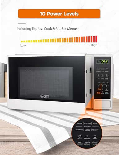 Commercial Chef 1.1 Cu. Ft. Countertop Microwave Oven, Touch Controls with Digital LED Display, 1100W Microwave, Push Button Door, 10 Power Levels, CHCM11100W, White - My Kitchen Products