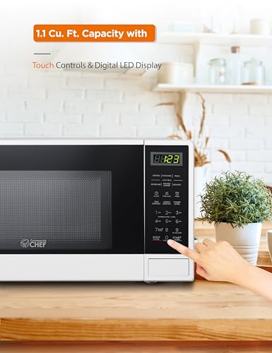 Commercial Chef 1.1 Cu. Ft. Countertop Microwave Oven, Touch Controls with Digital LED Display, 1100W Microwave, Push Button Door, 10 Power Levels, CHCM11100W, White - My Kitchen Products