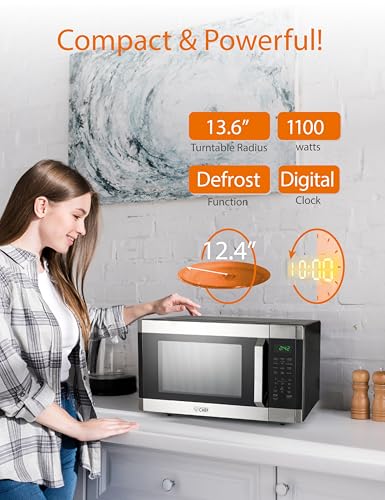 COMMERCIAL CHEF 1.6 Cubic Foot Microwave with 10 Power Levels, Small Microwave with Pull Handle Child Safety Lock, 1100 Watt Microwave with Digital Control Panels,Stainless Steel - My Kitchen Products
