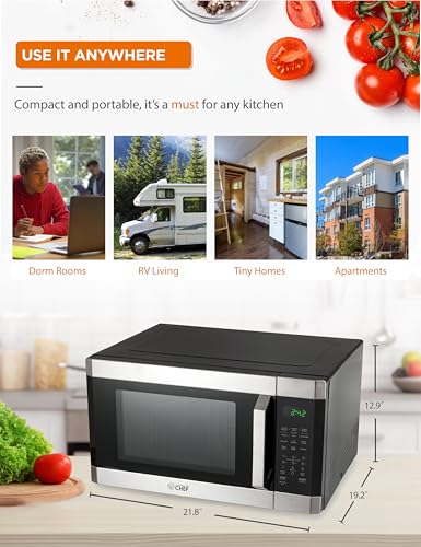 COMMERCIAL CHEF 1.6 Cubic Foot Microwave with 10 Power Levels, Small Microwave with Pull Handle Child Safety Lock, 1100 Watt Microwave with Digital Control Panels,Stainless Steel - My Kitchen Products