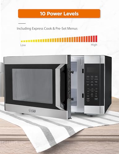 COMMERCIAL CHEF 1.6 Cubic Foot Microwave with 10 Power Levels, Small Microwave with Pull Handle Child Safety Lock, 1100 Watt Microwave with Digital Control Panels,Stainless Steel - My Kitchen Products